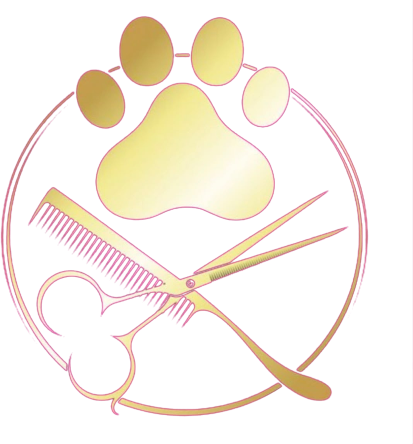 Logo Polly Pet Shop — pata dourada com tesoura e pente
